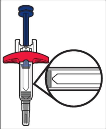 Dispositivo autoiniettante blu e rosso con ago visibile e ingrandimento che mostra la sezione trasversale dell