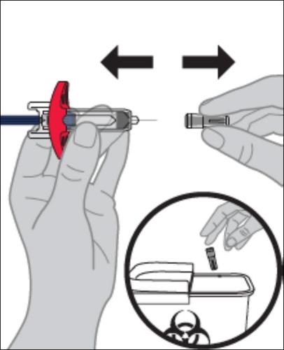 Mano che tiene un dispositivo di iniezione pre-riempito con ago esposto e freccia bidirezionale, dettaglio di smaltimento in contenitore biohazard