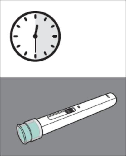 Orologio analogico con lancetta che indica le 10 e penna stilografica bianca e azzurra su sfondo grigio