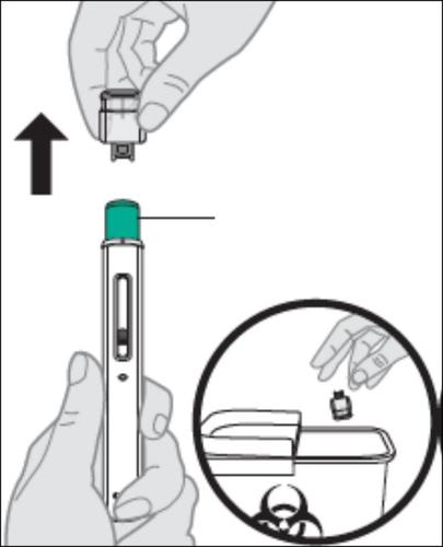 Penna iniettabile con ago verde, freccia verso l
