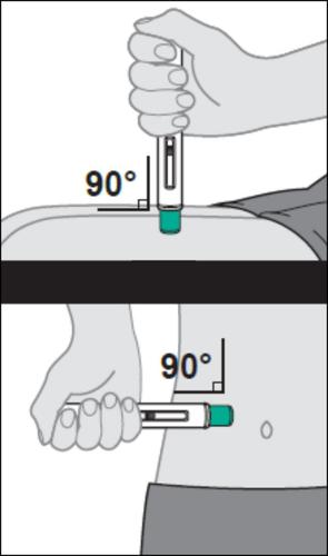 Mano che tiene una penna per iniezione ad angolo retto sulla pelle con indicazione di 90 gradi e dosaggio visibile