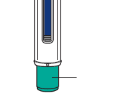 Penna iniettabile bianca e blu con ago verde collegato e linea che indica il punto di iniezione