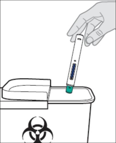 Mano che inserisce una penna precompilata con ago in un contenitore per rifiuti speciali con simbolo di rischio biologico