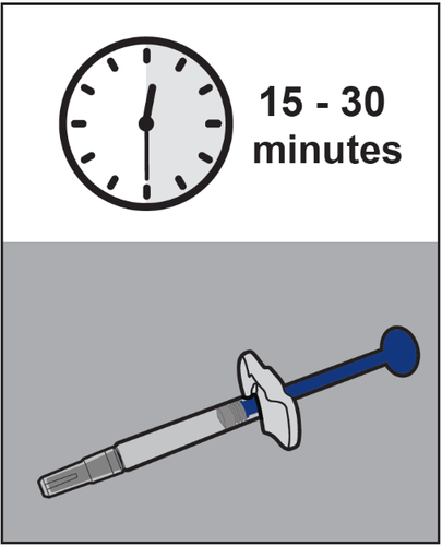 Orologio che indica le 15:00 con la scritta 15-30 minuti e penna per iniezione blu e bianca sottostante