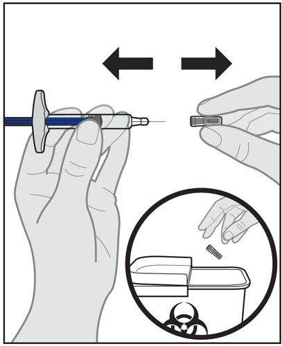 Mano che tiene una siringa pre-riempita con ago protetto e dispositivo di sicurezza blu, frecce indicano il movimento e dettaglio ingrandito del contenitore rifiuti