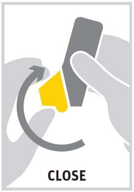 Dispositivo medico grigio e giallo con freccia curva che indica rotazione e scritta &ldquo;CLOSE&rdquo; in basso