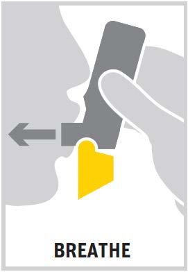 Inalatore giallo e grigio vicino alla bocca con freccia che indica l