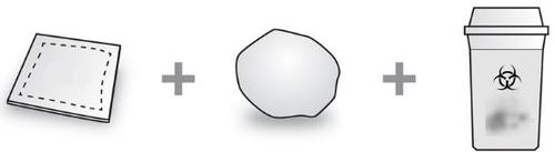 Fiala sigillata, compressa bianca rotonda e fiala di medicinale con simbolo di rischio biologico separate da croci