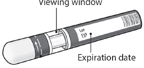 Penna iniettabile precompilata con indicatore di dosaggio visibile e data di scadenza indicata sull