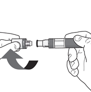 Due mani che connettono due componenti cilindrici di una penna per iniezione con una freccia che indica la direzione di rotazione