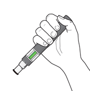 Mano che tiene un dispositivo penna per iniezione con indicatore verde visibile e punta bianca