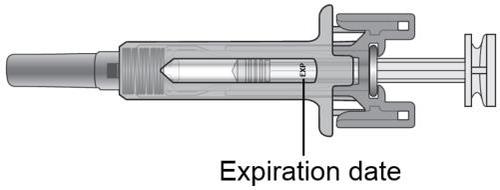 Siringa pre-riempita con stantuffo visibile e ago protetto da cappuccio di sicurezza trasparente indicatore di data di scadenza visibile