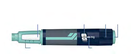Penna per iniezione con corpo nero e verde acqua, indicatore di dose a zero mg e quattro segni verticali blu
