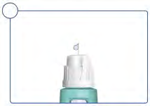 Penna iniettabile con ago esposto e tappo protettivo bianco sopra un corpo verde acqua