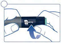 Penna iniettabile blu e nera tenuta tra due dita con freccia blu che indica la rotazione del selettore dosaggio a 0 mg