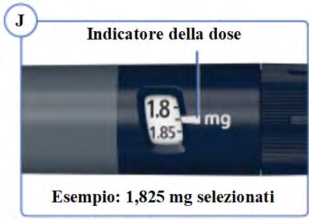 Penna iniettabile con indicatore di dose digitale che mostra 1,8 mg e 1,85 mg selezionati come esempio