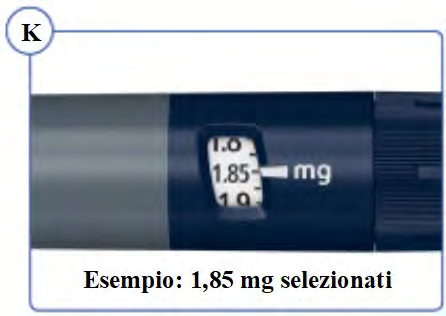 Penna iniettabile blu con display che mostra 1,85 mg selezionati come dose indicata