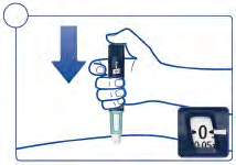 Mano che tiene un dispositivo per iniezione con ago rivolto verso il basso e finestra di lettura con indicatore a zero