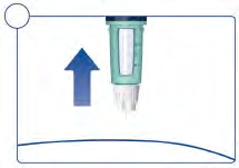 Dispositivo autoiniettante verde con ago bianco e freccia blu che indica la direzione di inserimento