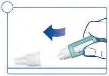 Mano che tiene un dispositivo verde con ago e guaina bianca, freccia blu indica direzione di inserimento