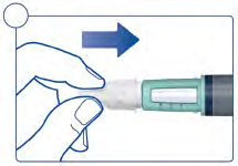 Mano che tiene un dispositivo pre-riempito con ago, freccia blu indica la direzione di inserimento nell