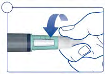 Mano che tiene e ruota il dispositivo autoiniettore verde con freccia blu verso il basso per l