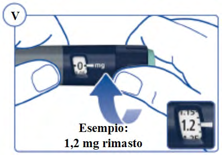 Penna iniettabile tenuta da due mani con indicazione di dosaggio 0 mg e freccia blu che indica la quantit&agrave; residua di 1,2 mg