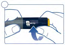 Penna per iniezione blu e gialla tenuta tra due dita con freccia blu che indica la rotazione del selettore di dose