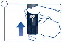 Penna per iniezione blu con display numerico tenuta in mano, freccia blu che indica la direzione e cerchio bianco in alto a sinistra