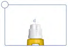 Fiala medicinale con tappo bianco e parte inferiore gialla, con ago inserito per iniezione