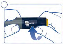 Penna per iniezione blu e nera tenuta tra due dita con freccia blu che indica la rotazione del dosatore su 0 mg
