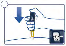 Mano che tiene un dispositivo per iniezione con ago rivolto verso il basso e finestra di dosaggio graduata da 0 a 1
