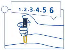 Mano che tiene un dispositivo iniettore blu e giallo con numeri da 1 a 6 su un cartiglio bianco