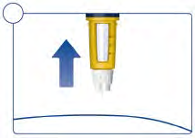 Penna iniettabile gialla con ago bianco e freccia blu rivolta verso l