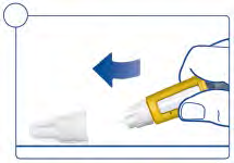 Dispositivo autoiniettante giallo con ago inserito e freccia blu che indica la direzione di iniezione sulla mano