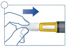 Mano che tiene un dispositivo giallo con ago trasparente pronto per l