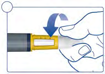 Mano che preme un dispositivo medico giallo con una freccia blu che indica la direzione verso il basso