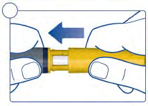Due mani che connettono un dispositivo giallo e nero con una freccia blu che indica la direzione di inserimento