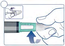 Penna iniettabile con ago protetto da cappuccio verde e freccia blu che indica la rimozione del cappuccio