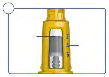 Siringa autoinsettante gialla con indicazioni numeriche 2, 4 e 6 e linea che indica il livello del farmaco