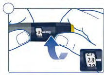 Penna per iniezione blu e nera tenuta da due mani con freccia blu che indica la rotazione e display con 00 mg e 2.8