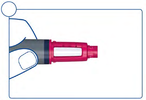 Penna iniettabile con corpo grigio e parte rosa, tenuta in mano, con ago visibile e spazio per cartuccia