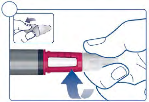Mano che afferra il dispositivo autoiniettore con una parte rossa a U e una freccia blu indica la direzione di estrazione