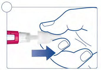 Mano che afferra un dispositivo autoiniettore con ago esposto e freccia blu che indica il punto di iniezione sulla pelle