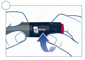 Penna per iniezione blu e nera con display che indica 0,02 mg tenuta da due mani con freccia blu verso l