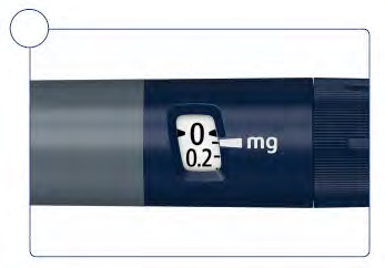 Penna iniettabile blu con display digitale che indica 00 mg e un cursore che punta a 02