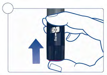 Penna iniettabile blu e nera con display numerico tenuta da una mano, freccia blu che indica la direzione verso il basso