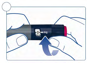 Penna iniettabile blu e rosa tenuta da due mani con freccia blu che indica la rotazione del dosatore a 0 mg