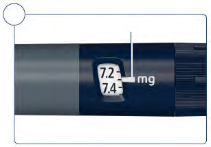 Penna per insulina blu con display digitale che indica 72 mg e una linea verticale bianca
