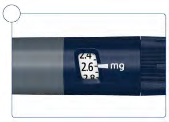 Penna iniettabile blu con display numerico che indica 2,4 mg e freccia che punta alla dose selezionata